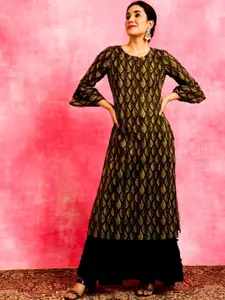 Anouk Black Conversational Printed Round Neck Bell Sleeve Straight Cotton Kurta
