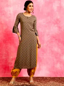Anouk Geometric Printed Keyhole Neck Bell Sleeves Straight Kurta