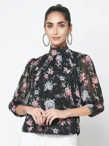 SQew Floral Printed High Neck Puffed Sleeves Top