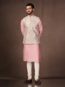 KISAH Mandarin Collar Mirror Work Straight Kurta & Churidar With Nehru Jacket
