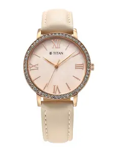 Titan Women Embellished Dial & Leather Straps Analogue Watch 95236WL01