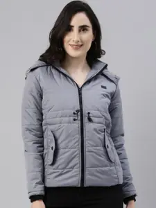 Campus Sutra Windcheater Detachable Hood Puffer Jacket With Fur Details
