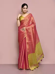 elora Pink & Green Zari Tissue Chanderi Saree