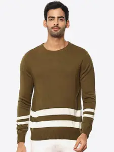 2Bme Men Olive Green & White Striped Pullover