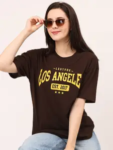Leotude Women Brown Typography Printed Applique T-shirt