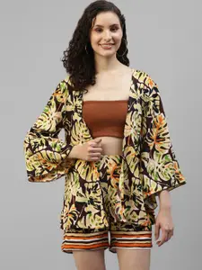 DEEBACO Floral Printed Scoop Neck Shrug With Shorts