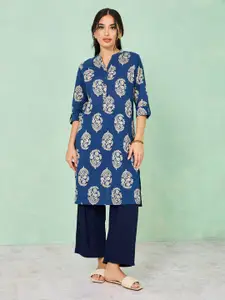 Styli Navy Blue Ethnic Motifs Printed Mandarin Collar Roll-Up Sleeves Cotton Kurta