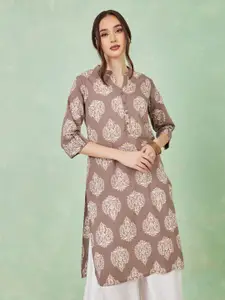 Styli Grey Ethnic Motifs Printed Mandarin Collar Roll-Up Sleeves Cotton Kurta