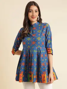 Sangria Ethnic Motifs Printed Mandarin Collar Pure Cotton A-line Short Kurti