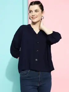 DressBerry Navy Blue Mandarin Collar Puff Sleeve Shirt Style Top