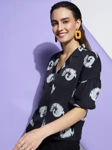 DressBerry Black Ethnic Motifs Printed Crepe Shirt Style Top