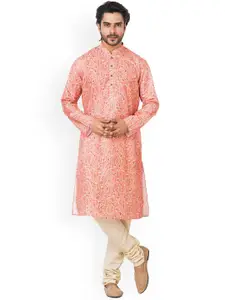 HU - Handcrafted Uniquely Men Pink Floral Printed Regular Kurta with Churidar