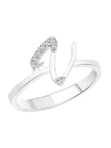 Vighnaharta Rhodium-Plated CZ Studded Alphabet V Finger Ring