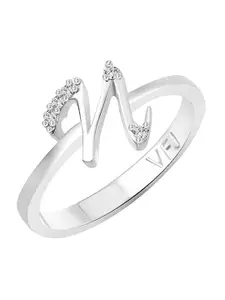 Vighnaharta Rhodium-Plated CZ Studded Alphabet N Finger Ring