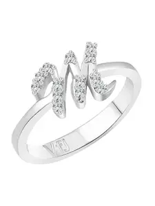 Vighnaharta Rhodium-Plated CZ Studded Alphabet M Finger Ring