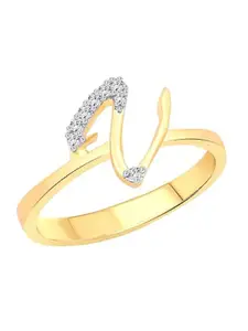 Vighnaharta Gold-Plated CZ Studded Alphabet V Finger Ring