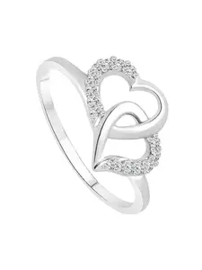 Vighnaharta Rhodium-Plated CZ Studded Double Heart Finger Ring