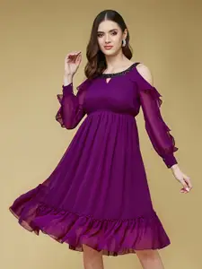 DressBerry Purple Keyhole Neck Cold-Shoulder Sleeves A-Line Dress