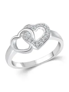 Vighnaharta Rhodium Plated CZ Studded Double Heart Finger Ring