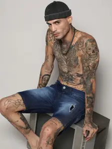 Campus Sutra Men Washed Outdoor Cotton Denim Shorts with Technology