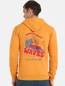 Campus Sutra Yellow Graphic Printed Hooded Cotton Pullover