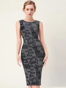BAESD Typography Printed Boat Neck Bodycon Dress