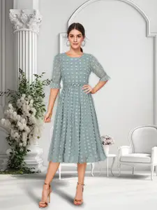 BAESD Self Design Printed Round Neck Bell Sleeves Georgette Fit & Flare Midi Dress