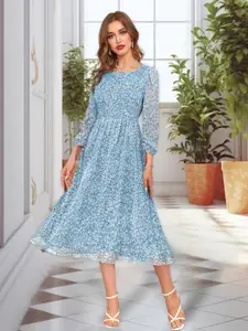 BAESD Floral Printed Round Neck Georgette Gathered Fit & Flare Midi Dress