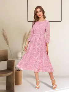 BAESD Floral Printed Puff Sleeve Fit And Flare Midi Dress