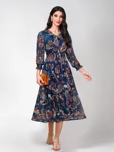 BAESD Paisley Printed Ruffles Puff Sleeve Fit & Flare Midi Dress