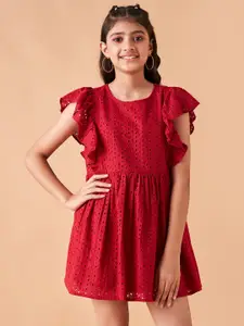 Cherry & Jerry Girls Self Design Flutter Sleeve Cotton Fit & Flare Dress