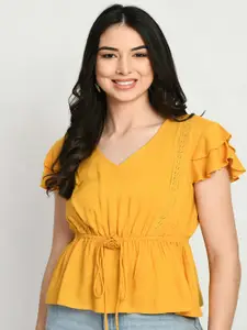 DressBerry Mustard Yellow V-Neck Flutter Sleeve Gathered or Pleated Cinched Waist Top