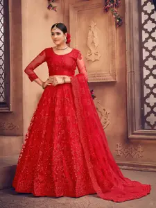 KALINI Red Embroidered Beads and Stones Tie Dye Semi-Stitched Lehenga & Unstitched Blouse With Dupatta