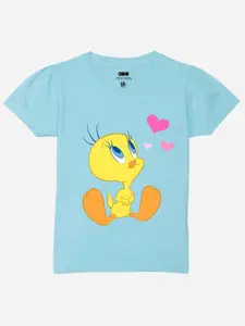 YK Warner Bros Girls Humour and Comic Tweety Printed Puffed Sleeves Pure Cotton T-Shirt