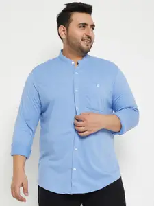 Club York Plus Size Band Collar Long Sleeves Cotton Casual Shirt
