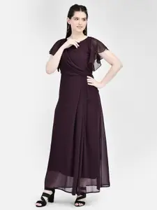 Eavan Self Design V-Neck Flutter Sleeve Georgette Maxi Dress