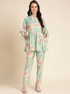 Sangria Tie Dye Dyed V-Neck Tie Up Sleeve Detail Top & Trouser