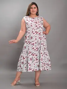Girly Girls Plus Size Floral Printed Sleeveless A-Line Midi Dress
