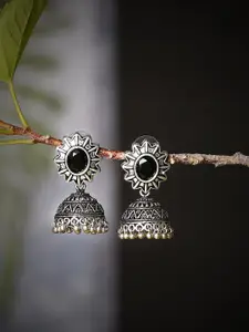 Bamboo Tree Jewels Silver-Plated Stone-Studded Dome Shaped Jhumkas