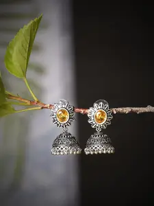 Bamboo Tree Jewels Silver Plated Stone-Studded Dome Shaped Jhumkas