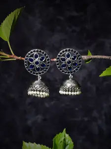 Bamboo Tree Jewels Silver Plated Dome Shaped Stone-Studded & Beaded Jhumkas