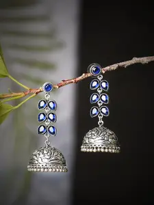 Bamboo Tree Jewels Silver-Plated Stone-Studded Oxidised Contemporary Jhumkas