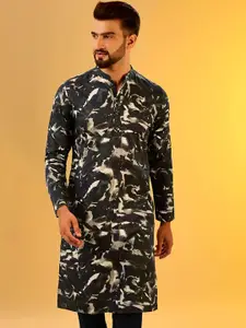 KISAH Abstract Mandarin Collar Printed Cotton Straight Kurta