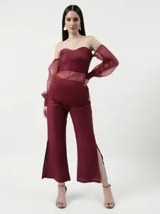 Zima Leto Off-Shoulder Tube Top With Sheer Stylish Sleeves & Trouser Co-Ords Set