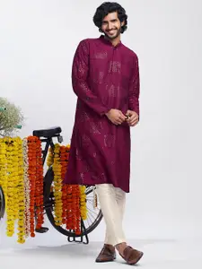 KISAH Men Solid Textured Regular Fit Abstract Print Kurta