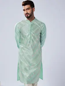 KISAH Striped Woven Design Art Silk Mandarin Collar Kurta