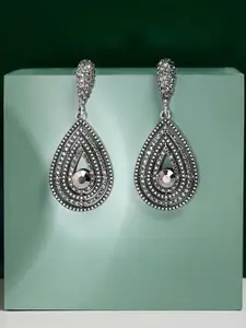 SOHI Silver-Toned Stone-Studded Teardrop Shaped Drop Earrings