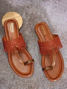 Anouk Tan Brown Textured Tasseled One Toe Flats