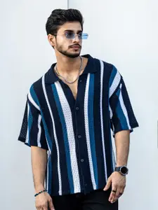 Powerlook Navy Blue & Teal India Slim Striped Oversized Casual Shirt