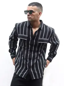 Powerlook Black & White India Slim Striped Oversized Casual Shirt